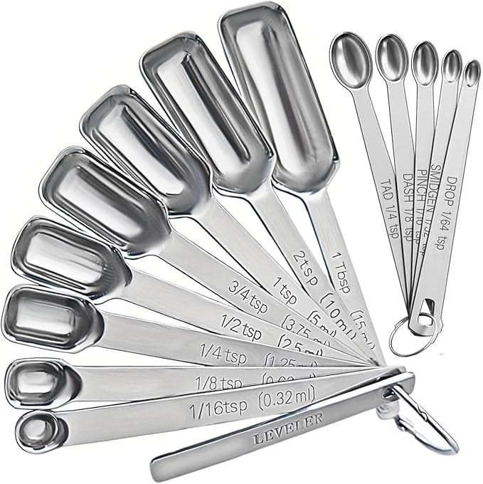 Stainless Steel Measuring Spoons Set of 14 with Leveler, Rectangular Teaspoon & Tablespoon Measuring Spoons for Dry & Liquid Ingredients, Slim Design Fits in Spice Jars