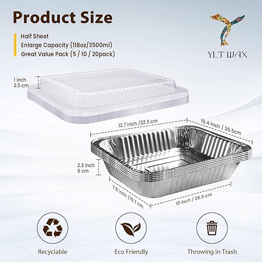 YLT WAX 9x13 Disposable Aluminum Foil Pans with Clear Lids (10 Pack), Durable Half Size Deep Extra Heavy Duty Food Containers for Baking, Cooking, Roasting, Heating or Steam Table