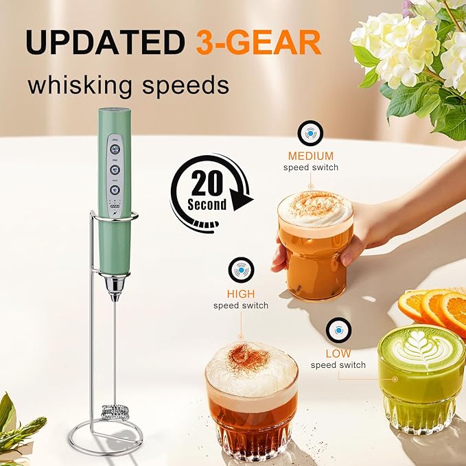 YUSWKO Granite Rechargeable Milk Frother for Coffee with Stand, Handheld Drink Mixer with 3 Heads 3 Speeds Electric Stirrers for Latte, Cappuccino, Hot Chocolate, Egg
