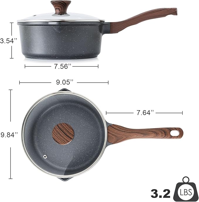 SENSARTE Nonstick Sauce Pan with Double Spout, 3.0 Quarts Swiss Granite Coating Sauce Pot with Lid Medium Kitchen Cooking Pot, Induction Comptable Saucepan, Free of Intentionally Added PFOA