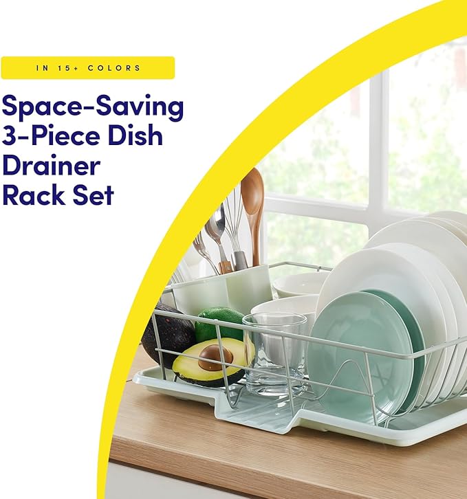 Sweet Home Collection Space-Saving 3-Piece Dish Drainer Rack Set: Efficient Kitchen Organizer for Quick Drying and Storage - Includes Cutlery Holder and Drainboard - Maximize Countertop Space, Mint