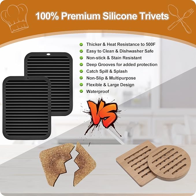 Joyhalo Trivets for Hot Dishes - Hot Pads for Kitchen 9'' x 12'', Silicone Trivets for Hot Pots and Pans, Hot Plates to Protect Table, Quartz Countertops Heat Resistance to 480°F, Set of 2, Black