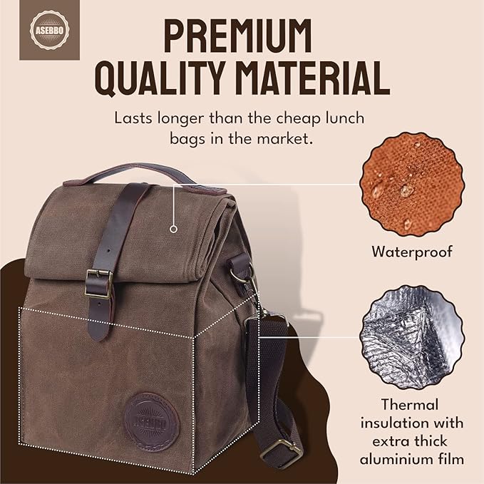 ASEBBO Insulated Lunch Bag 10L Sturdy Waxed Canvas Lunch Box for Men and Women, Leakproof Insulated Cooler Bag for Work Picnic Hiking, Lunchbox for Adults with Shoulder Strap (Brown)