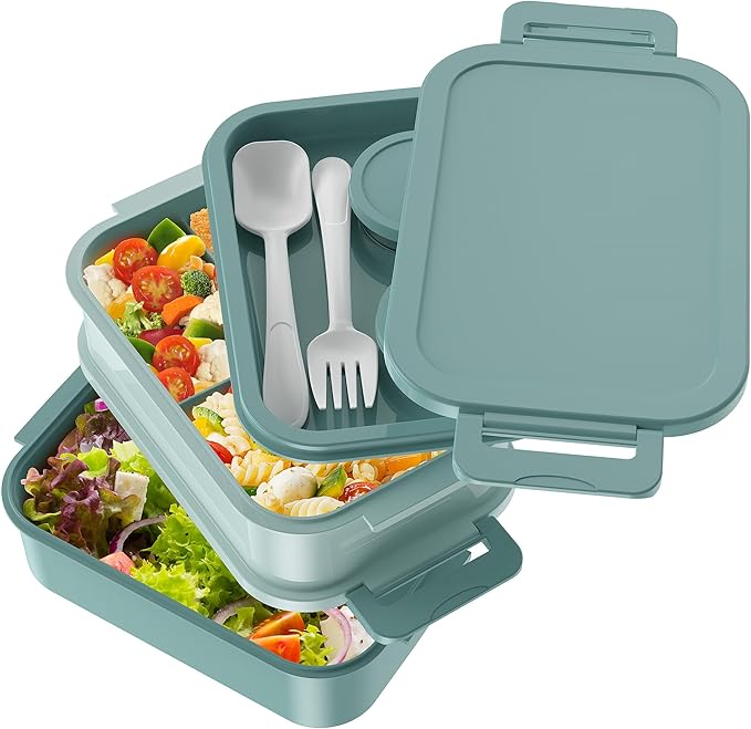 Jelife Bento Box Adult Lunch Box - 72oz Stackable Bento Lunch Box for Adults, 3 Layers All-in-One Large Bento Box Leak-Proof Lunchbox with Utensil Sauce Dressing Containers for Dining Out,Work, Green
