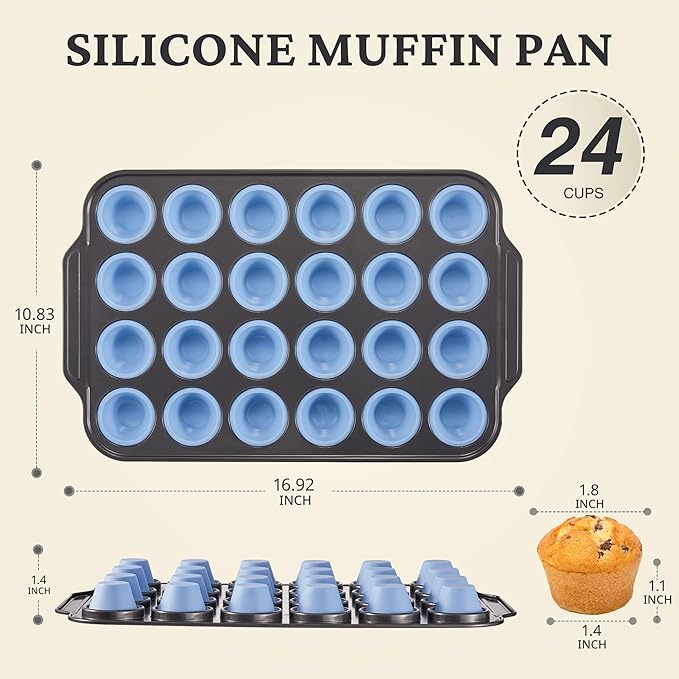 BRONYPRO Silicone Mini Muffin Pan with Metal Frame, Egg Bite Molds for Baking,Cupcake Pan 24 Regular Size, Mini Muffin Tin Easy to Pop Nonstick Non Toxic Bakeware for Oven,Blue