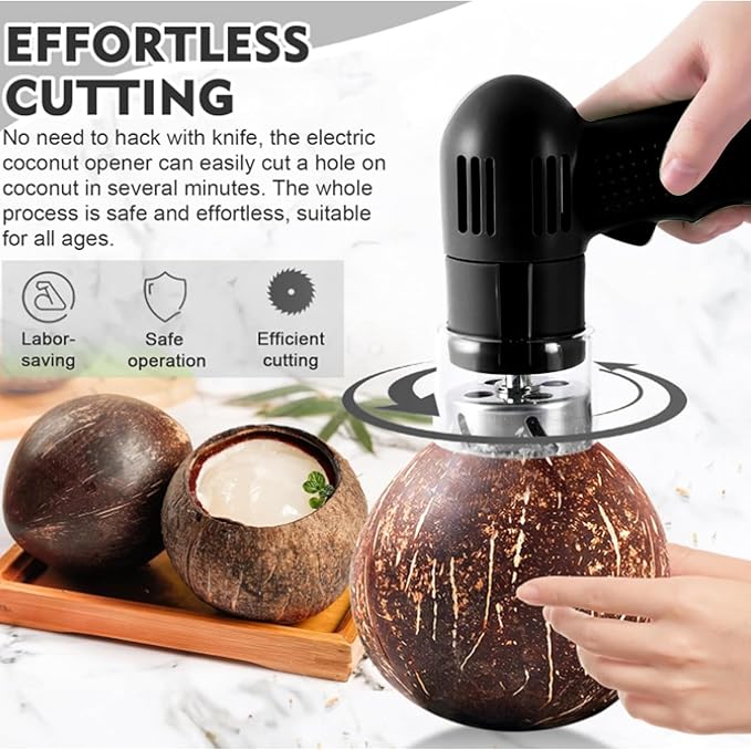 ASHATA Automatic Coconut Opener, Coconut Opener Tools Set, Stainless Steel Coconut Puncher, Coconut Meat Removal Tool, Electric Coconut Puncher Opening Tool for Young and Mature (Black)
