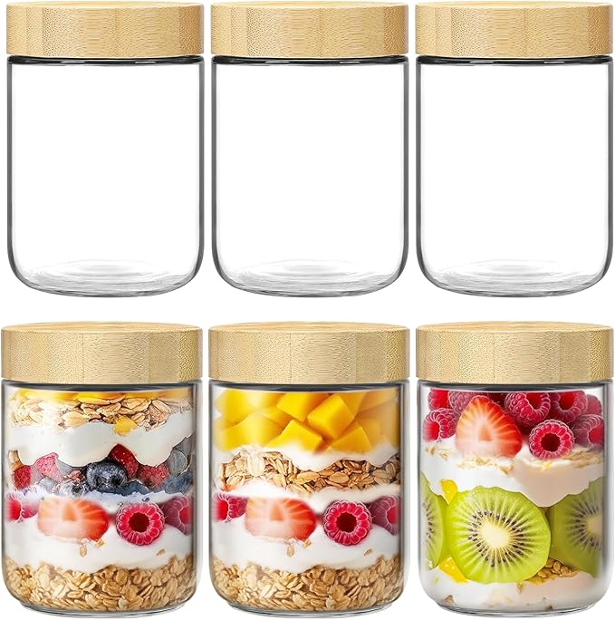 6 Pack 16oz Glass Jars with Bamboo Lids, Overnight Oats Containers with Airtight Lids, Storage Containers Wide Mouth Mason jars for Salad,Yogurt, Sugar, Snacks, Spices