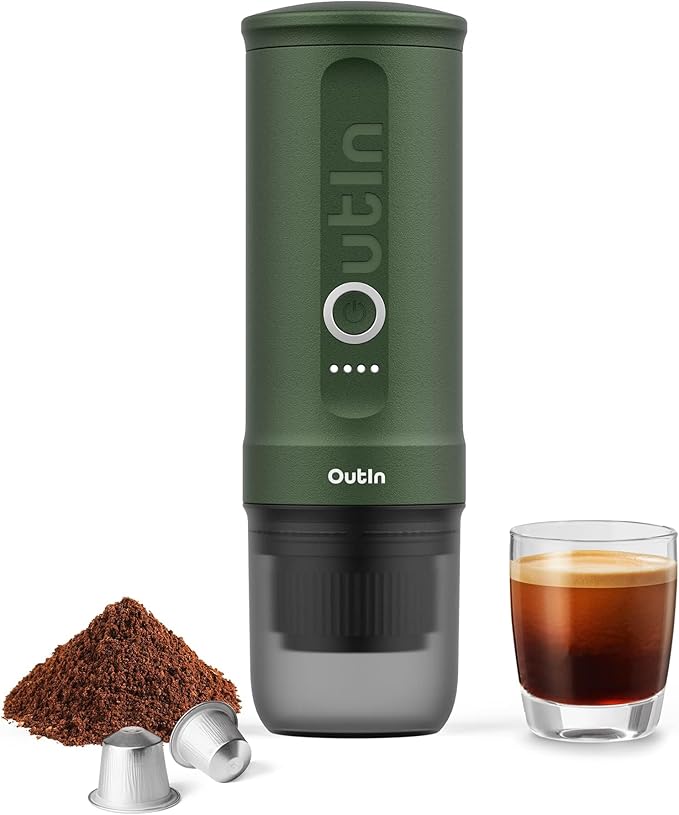 OutIn Nano Portable Electric Espresso Machine, Travel Coffee Maker for Camping, Car Coffee Maker Self-Heating with USB-C, With Ground Coffee & NS Capsule for RV, Hiking, Office