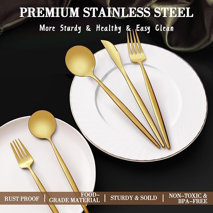 CEKEE Gold Silverware Set, 40 Piece Gold Utensils Set Service for 8, Stainless Steel Flatware Set Include Knives Spoons and Forks Cutlery Set for Kitchen Home Restaurant Wedding, Satin Finish