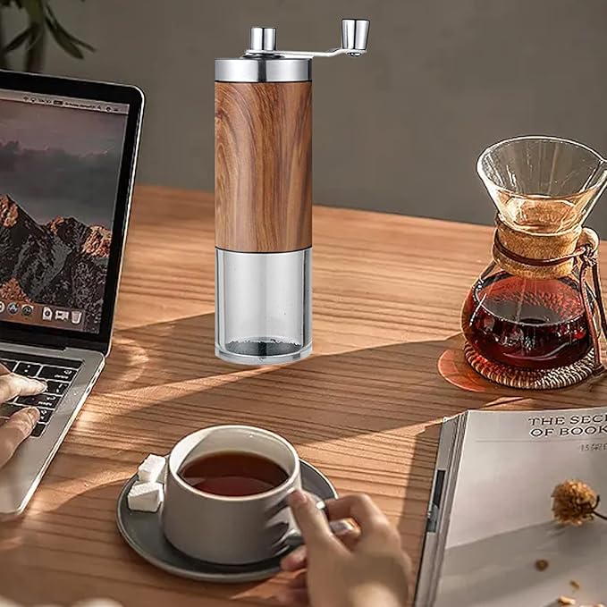 Manual Coffee Grinder, Coffee Bean Grinder with Adjustable Settings, Stainless Steel Hand Coffee Mill, Coffee Grinder Manual for Camping Home and Office (Metallic Wood)