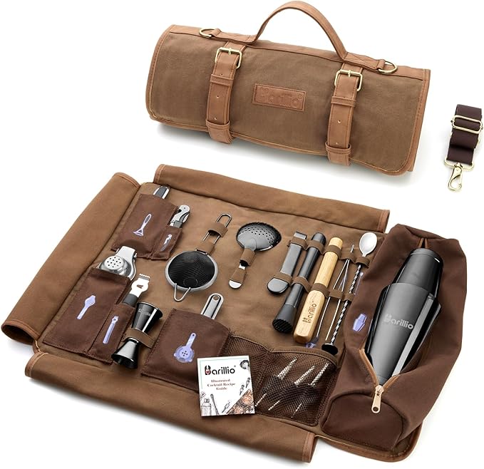 Barillio Bartender Kit Bag with Black Cocktail Shaker Set - Waxed Canvas, Traveling Bar Tools Bag with 17-Pc Cocktail Kit - Travel Mixology Bartending Kits - Mobile Bar Roll with Strap & Accessories