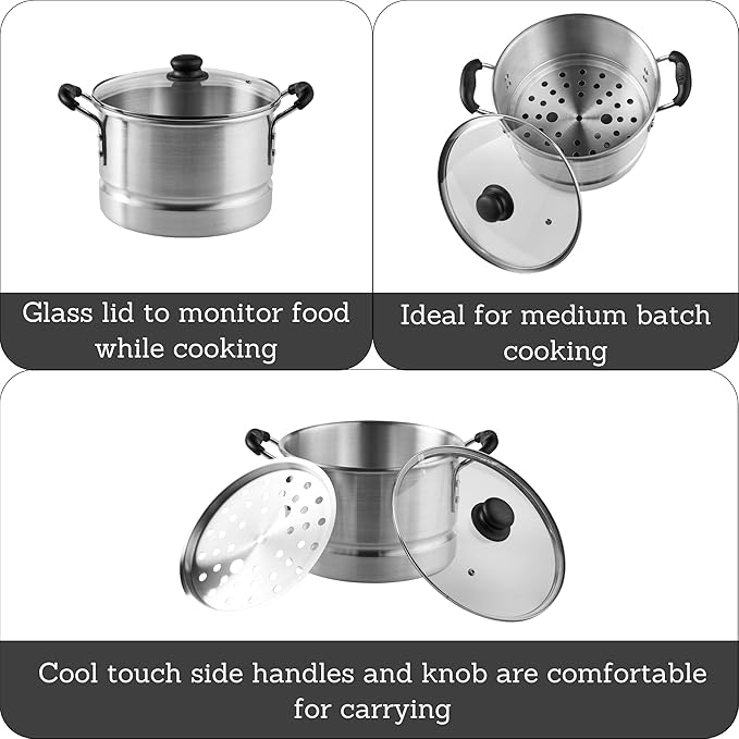 IMUSA USA MEXICANA-410 Aluminum Steamer with Glass Lid 10-Quart, Silver, 10Qt