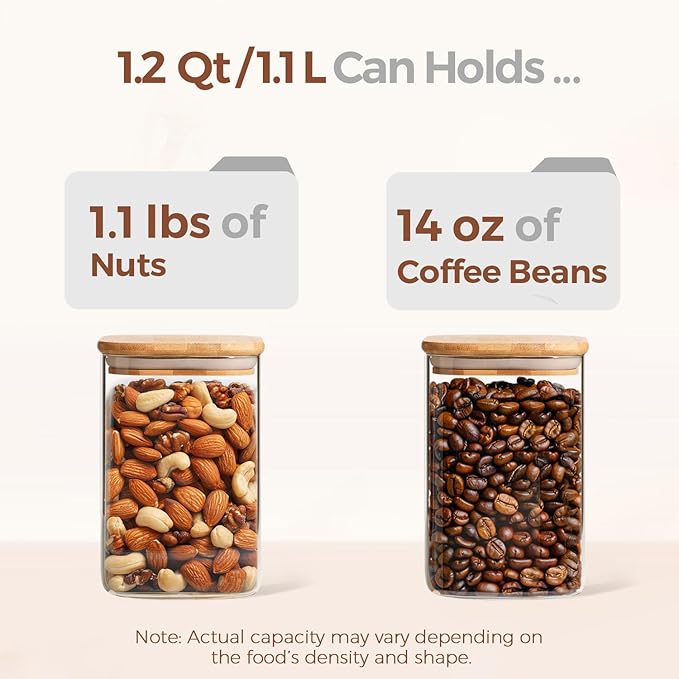 ComSaf Glass Storage Containers with Lids, 1.2 Qt Glass Jars with Lids, Clear Food Storage Jar, Canister For Pantry Cookie Flour Cereal Rice Sugar Tea Coffee Beans Spice, Square Set of 4