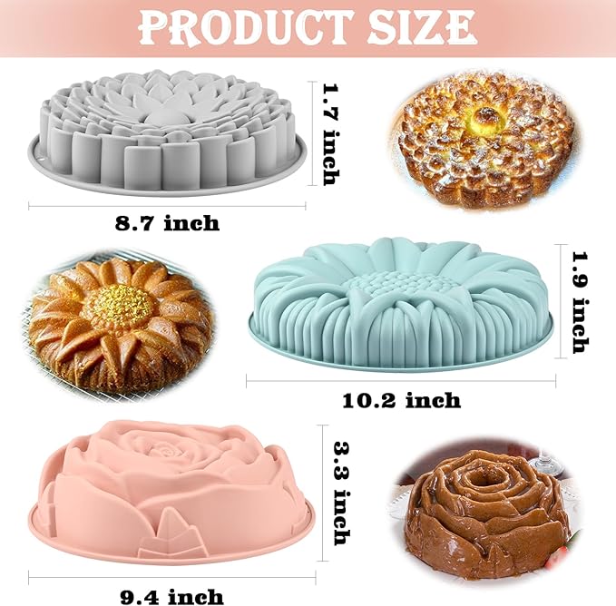 Sakolla 3 Pack Flower Shape Silicone Cake Molds, Large Round Silicone Molds for Baking Cake, Breads, Pies, Tarts, Jello (Rose, Chrysanthemum, Sunflower)