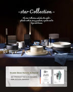 Famiware Star 24-Piece Stoneware Dinnerware Sets with Trim, Service for 8 - Ceramic Plates and Bowls Set, Ribbed Dishes with High Edge, Chip & Scratch Resistant, Microwave & Dishwasher Safe, White