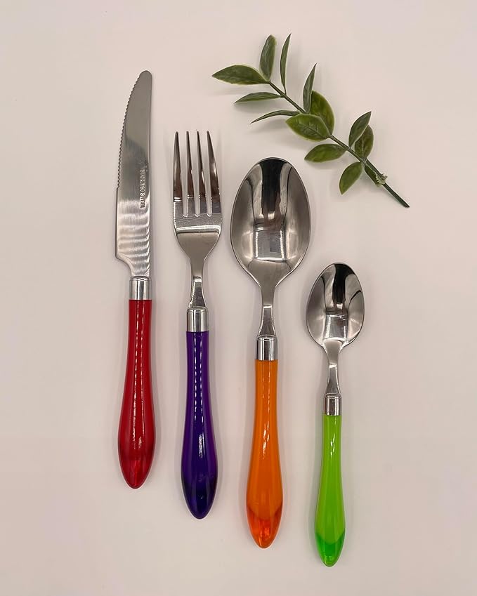 The Original Brink House Rainbow Mix & Match Stainless Steel Cutlery Set with Translucent Handles / 16 pieces with Metal Stand/Lifestyle utensils set for home, first apartment, dorm, outdoor events