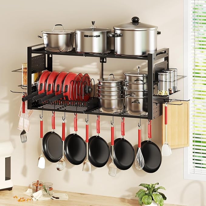 31 Inch Pot Rack Wall Mounted，3 in 1 Pots and Pans Organizer with 2 tier Kitchen Racks & Pot Lid Organizer Holder and 20 Hooks,Heavy Duty Hanging Pot Hanger for Kitchen Cookware, Utensils, Black