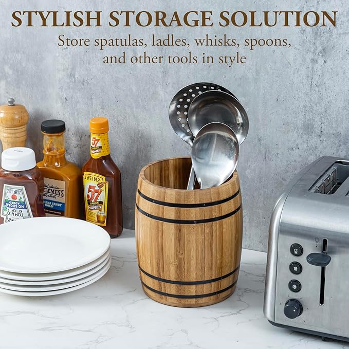 MyGift Wine Barrel Design Kitchen Utensil Crock, Light Brown Solid Bamboo Wood Cooking Tool Holder