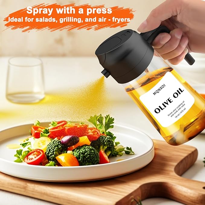 2 in 1 Glass Oil Sprayer & Dispenser,16oz/470ml Olive Cooking, Air Fryer, and Salad, for Kitchen Gadgets and Air Fryer Accessories, w/Stickers (Black)