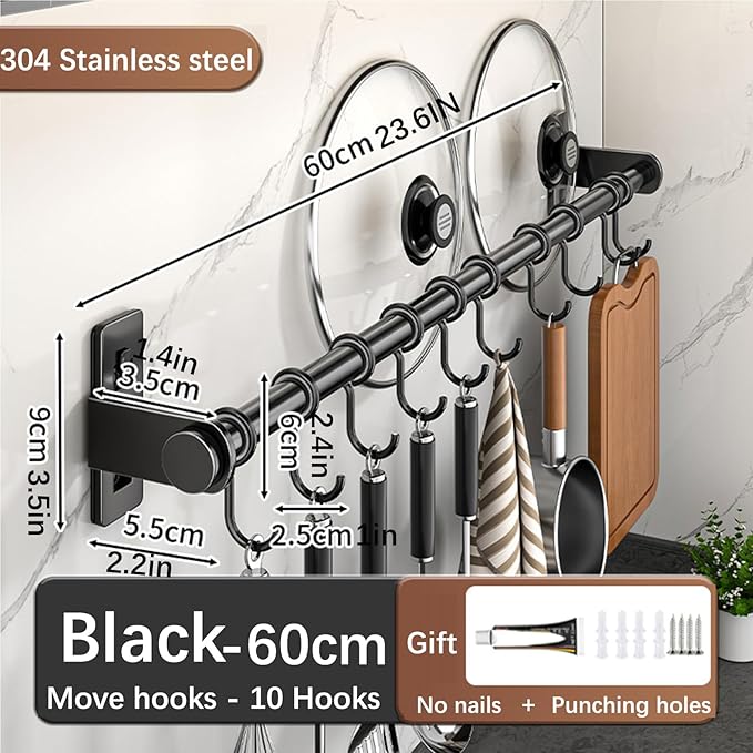 Hanging Wall Mount knife Wall Mount, Kitchen Organizer Storage Shelf for Utensils Spatula Spoon, Space-Saving Knife Rack with Hooks,Wall-Mounted Utensil Holder (Grey, 60CM+Single Pole+10Hooks)