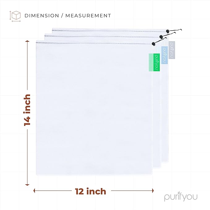 purifyou Set of 3 Premium Reusable Produce Bags, Washable Farmers Market Bags for Fruits, Vegetables, Groceries, Kitchen Storage, Home Storage, Toy Organizer, Lightweight Mesh Bags (12x14in)