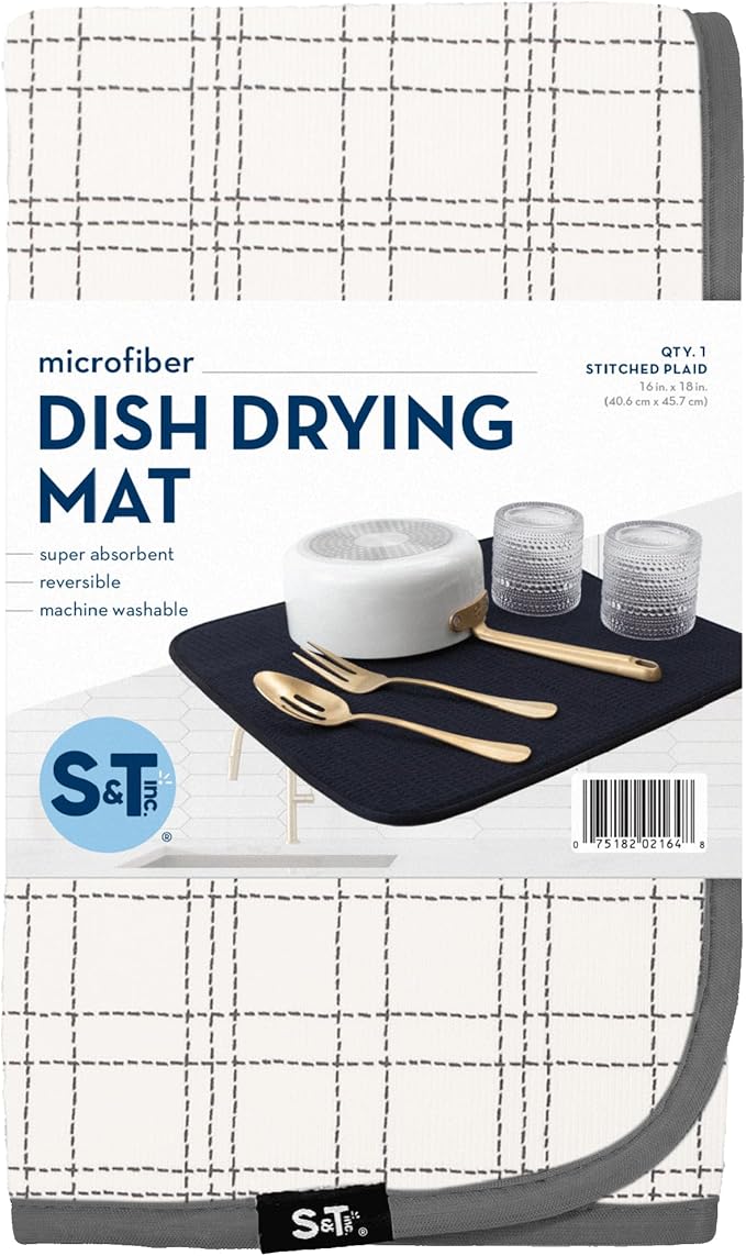 S&T INC. Dish Drying Mat, 16” x 18”, Absorbent Microfiber Kitchen Counter Mat, Dish Drying Pad for Dishes, Utensils, Pots and Pans, Large, Stitched Plaid