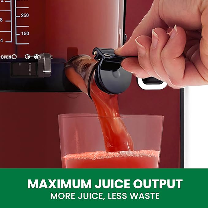 Omega Juicer Cold Press Vertical 43 RPM Slow Masticating Compact Juice Extractor for Fruits and Vegetables Quiet Operation with 3 Stage Auger Automatic Pulp Ejection and No-Drip Tap, 150-Watts, Red