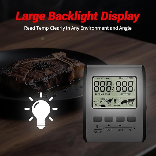 YFL Digital Meat Thermometer with Timer Mode and Backlight, Stainless Steel BBQ Food Thermometer, Premium Cooking Thermometer for Oven BBQ Grill Smoker Beef Turkey Camping & Kitchen Gadgets