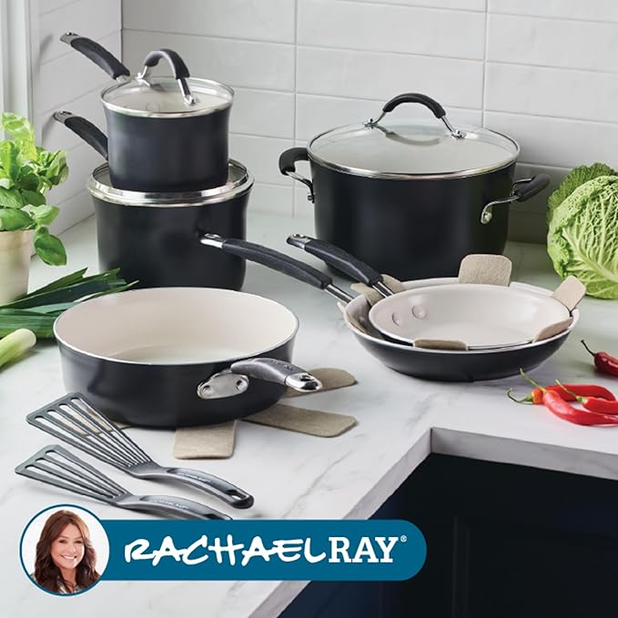 Rachael Ray Cucina Ceramic Cookware Set - 13 Pieces - Ceramic Pots and Pans Set w/Nonstick Frying Pans, Saute Pan, Saucepans, Stockpot, Lids, Pan Protectors & Cooking Utensils - Peppercorn