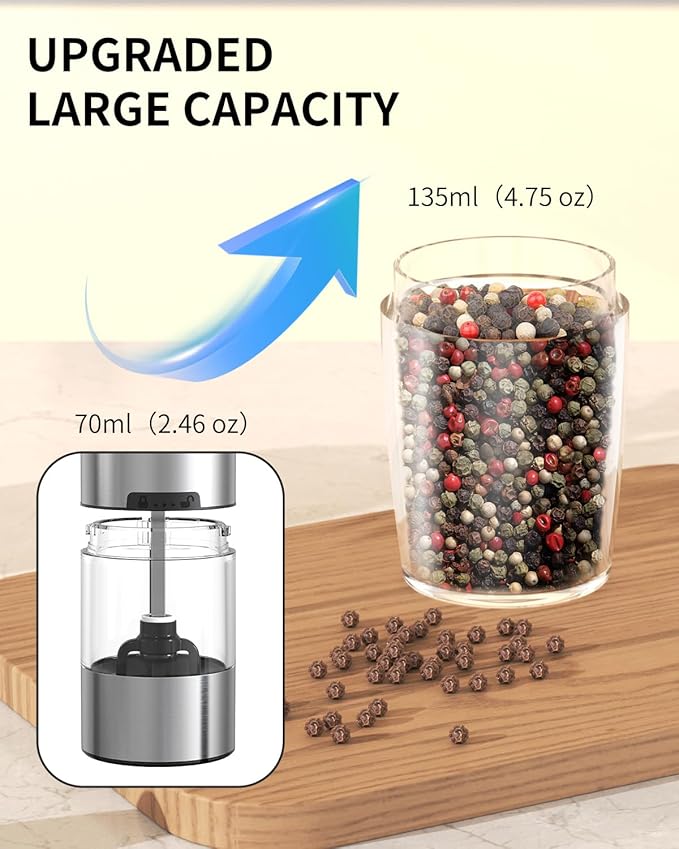 CIRCLE JOY Rechargeable Electric Salt and Pepper Grinder Set Gravity Salt and Pepper Mills Set with LED Light, No Battery Needed, Adjustable Coarseness, Washable 135ml Container, Black