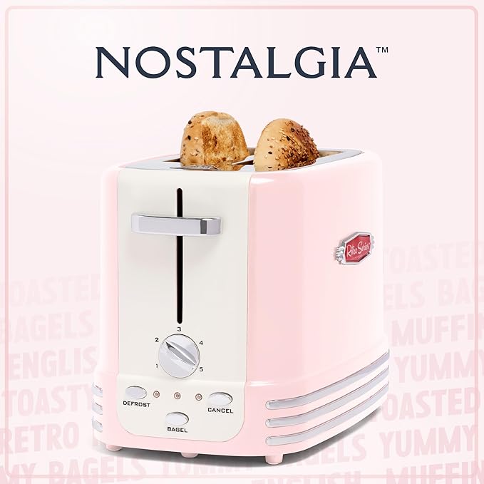 Nostalgia Retro Wide 2-Slice Toaster, Vintage Design With Crumb Tray, Cord Storage & 5 Toasting Levels, Pink