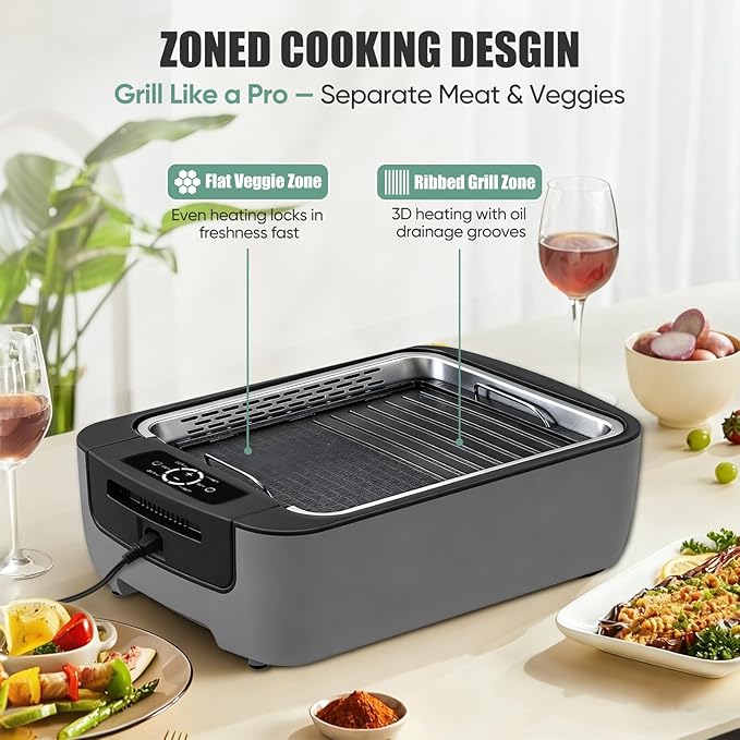 Smokeless Indoor Grill, Electric Indoor Grill for Korean BBQ with Dual-Turbo Smoke Extractor, LED Smart Display & Dual-Zone Nonstick Grill Plates, 6-Level Temp Control, Dishwasher Safe