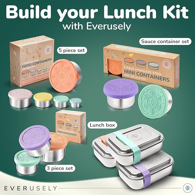 Everusely - Bento Box - Green, 27oz / 0.8 L - Stainless Steel Lunch Box with Leakproof Condiment Container - 3 Compartment Snack Organizer for On the Go Meals - Freezer & Dishwasher Safe