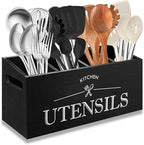 Kitchen Utensil Holder with 4 Compartments, Wooden Utensil Organizer for Countertop, Ideal for Storage and Organization, Rustic Cooking Utensil Kitchen Tool, Black