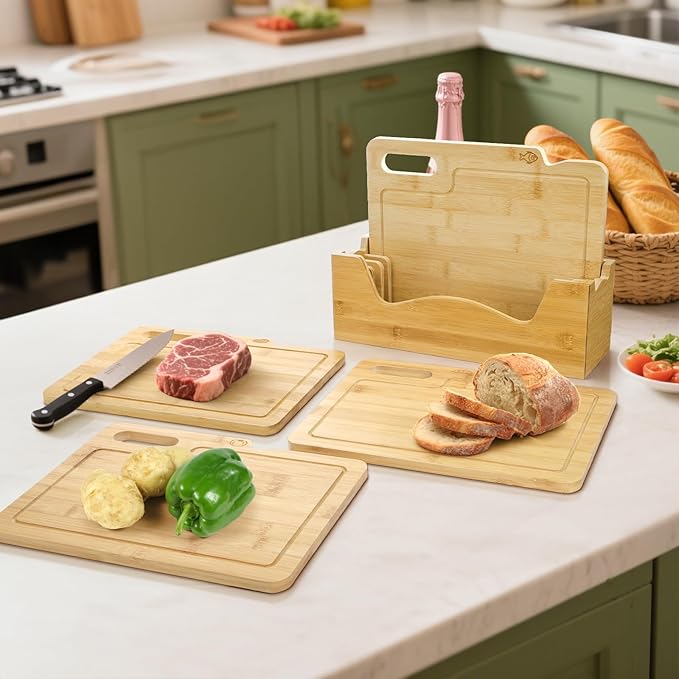 ZENFUN 4 Pack 12.5"L x 9.8"W Bamboo Cutting Boards with Holder, Wood Cutting Board Set, Chopping Boards Set with Food Icons, Kitchen Cutting Board Ideal for Meat, Fish, Bread, Vegetable, Fruit