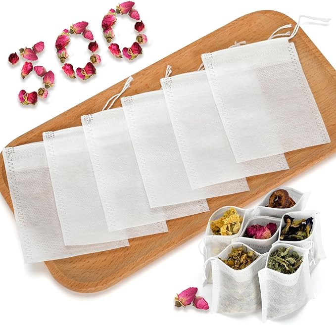 300Pcs Disposable Tea Bags for Loose Leaf Tea, Empty Tea Filter Bags with Cotton Drawstring, Fillable Tea Infuser Sachets for Loose Tea, Coffee, Herb, Spice and More (3.54"x 2.75")