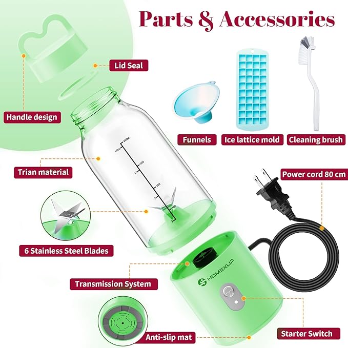 Portable 14OZ Juicer， High-Powered at 175W for Smoothies, Ice Blending, Juicing, and Food Processing ， Compact, Convenient, and Versatile (Green)