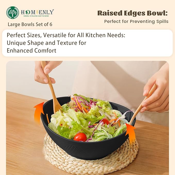 Homienly Wheat Straw Bowls Set of 6, 60 OZ Salad Bowl Large Capacity for Soup, Popcorn - Unbreakable Serving Bowl - Microwave & Dishwasher Safe Bowl, Alternative for Plastic Bowls for Kitchen - Black