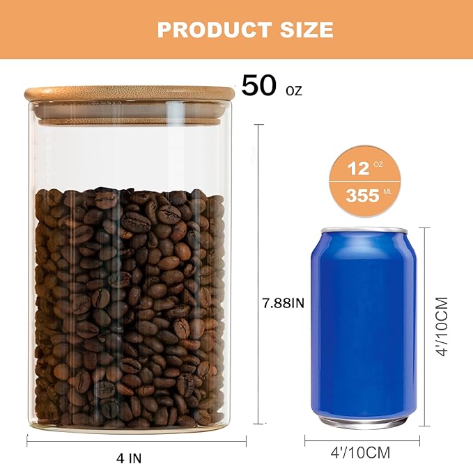 Liuruiyu 50oz Glass Food Storage Jars Set of 6,Glass Storage Containers Clear Glass Food Canister with Bamboo Lid Airtight For Serving Tea, Coffee, Flour, Sugar, Candy, Cookie, Spice and More (Round)