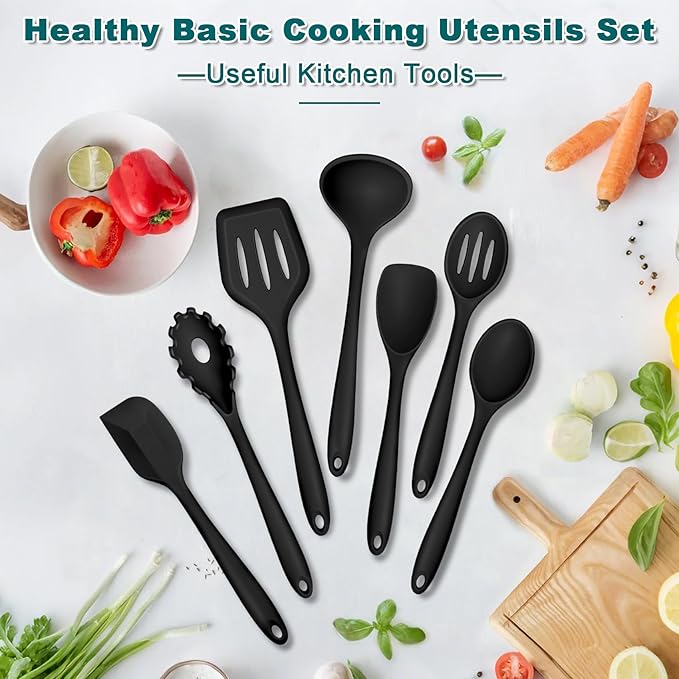 TeamFar Silicone Cooking Utensil Set of 7, Black Kitchen Nonstick Tools Turner Spoon Spatula Ladle Pasta Server for Nonstick Cookware, Healthy & One-Piece, Anti-Heat & Dishwasher Safe