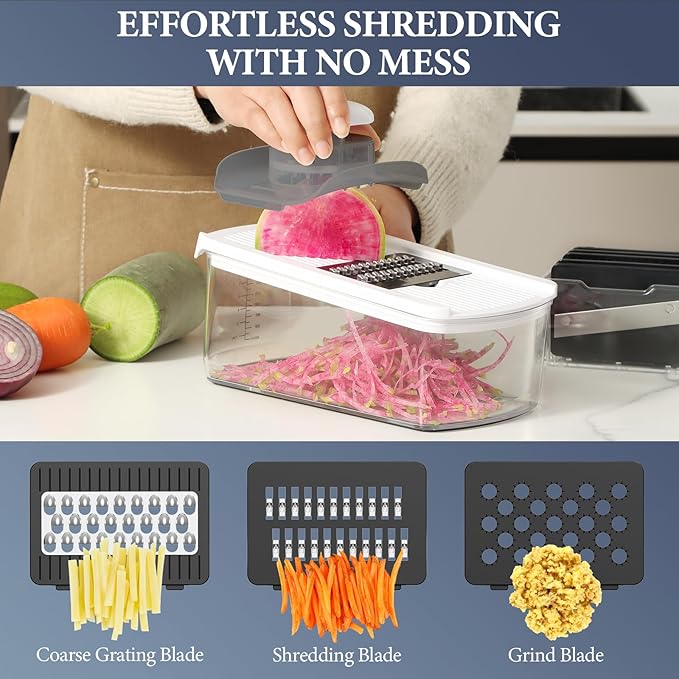 Ourokhome Vegetable Mandolin Slicer, Hand Safe Kitchen Food Shredder with 6 Mandoline Blades, Veggie Waffle Cutter for Potato, Carrot, Zucchini, Onion, Essential Kitchen Gadgets (6 in 1, White)