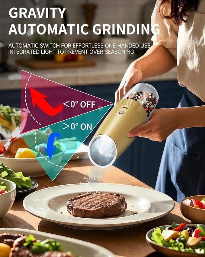 CIRCLE JOY Gravity Electric Salt and Pepper Grinder Set with 2-Speed, Rechargeable Salt and Pepper Grinder Set, Adjustable Coarseness, Whiet LED Light