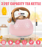 Whistling Tea Kettle,3.2Qt Stainless Steel Stove Kettle, Food Grade Teapot with Wood Pattern Handle for Coffee, Milk etc, Gas Electric Applicable (Pink)