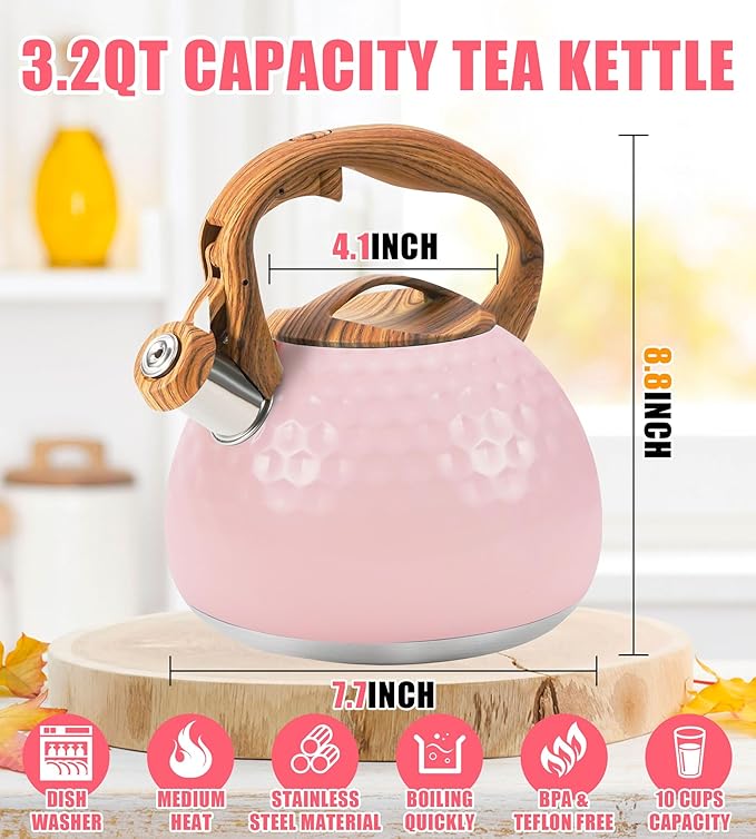 Whistling Tea Kettle,3.2Qt Stainless Steel Stove Kettle, Food Grade Teapot with Wood Pattern Handle for Coffee, Milk etc, Gas Electric Applicable (Pink)