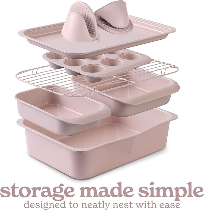 Country Kitchen Nonstick Stackable Bakeware Set - Deluxe Heavy Duty, Durable, Easy Release Baking Set, 8 Pcs, Pink