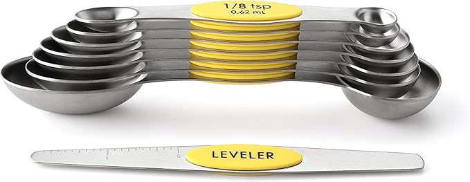 Spring Chef Yellow Stainless Steel Magnetic Measuring Spoons Set of 8 with Leveler, Dual Sided Metal Teaspoon & Tablespoon Measuring Spoons, Kitchen Gadgets for Baking & Cooking, Fits in Spice Jars