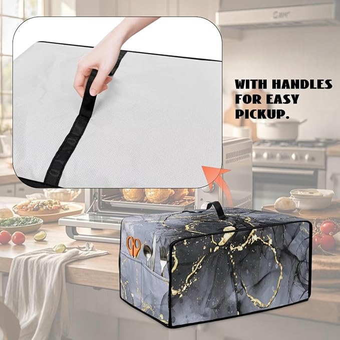 Marble Rose Flower Print Toaster Oven Cover, Stain-Resistant Air Fryer Cover with Storage Pocket, Kitchen Decorative Oven Protector, Black Grey Gold, (Medium-16.1*19.71*10 inches)