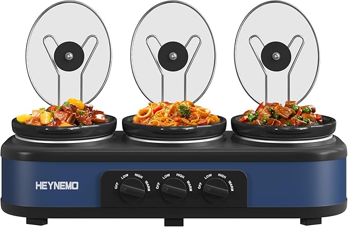 Triple Slow Cooker, 3×1.5 QT Buffet Servers and Warmers, 3 Pots Buffet Slow Cooker Adjustable Temp Lid Rests Stainless Steel Manual Silver for Parties Holidays Families,Blue