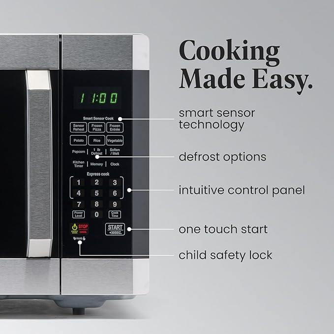 Farberware 1.6 Cu. Ft. Countertop Microwave Oven – 1100 Watts Power, Smart Sensor Auto Cook Settings, Defrost, Easy Clean and Child Safety Lock - Stainless