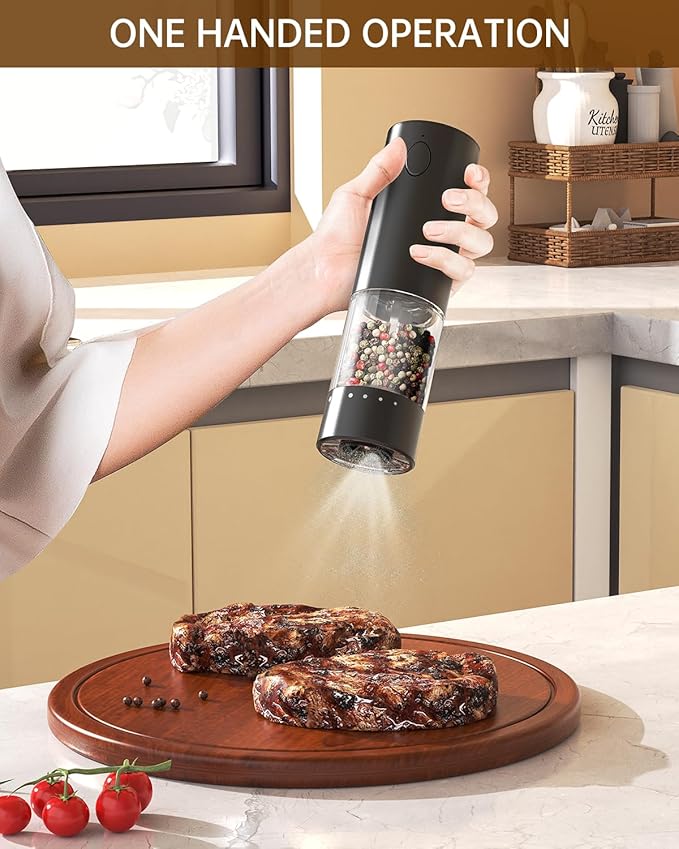 CIRCLE JOY Rechargeable Electric Pepper Grinder, Salt Grinder Pepper Mill with Washable 95ml Container, White LED Light and External Adjustable Coarseness, Black